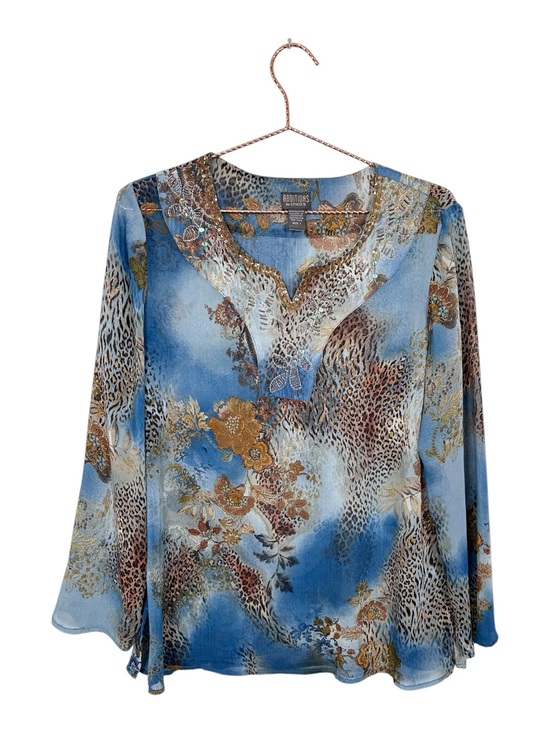 Chico's Tops - Chico’s Sheer Blue Printed Beaded V-Neck Blouse